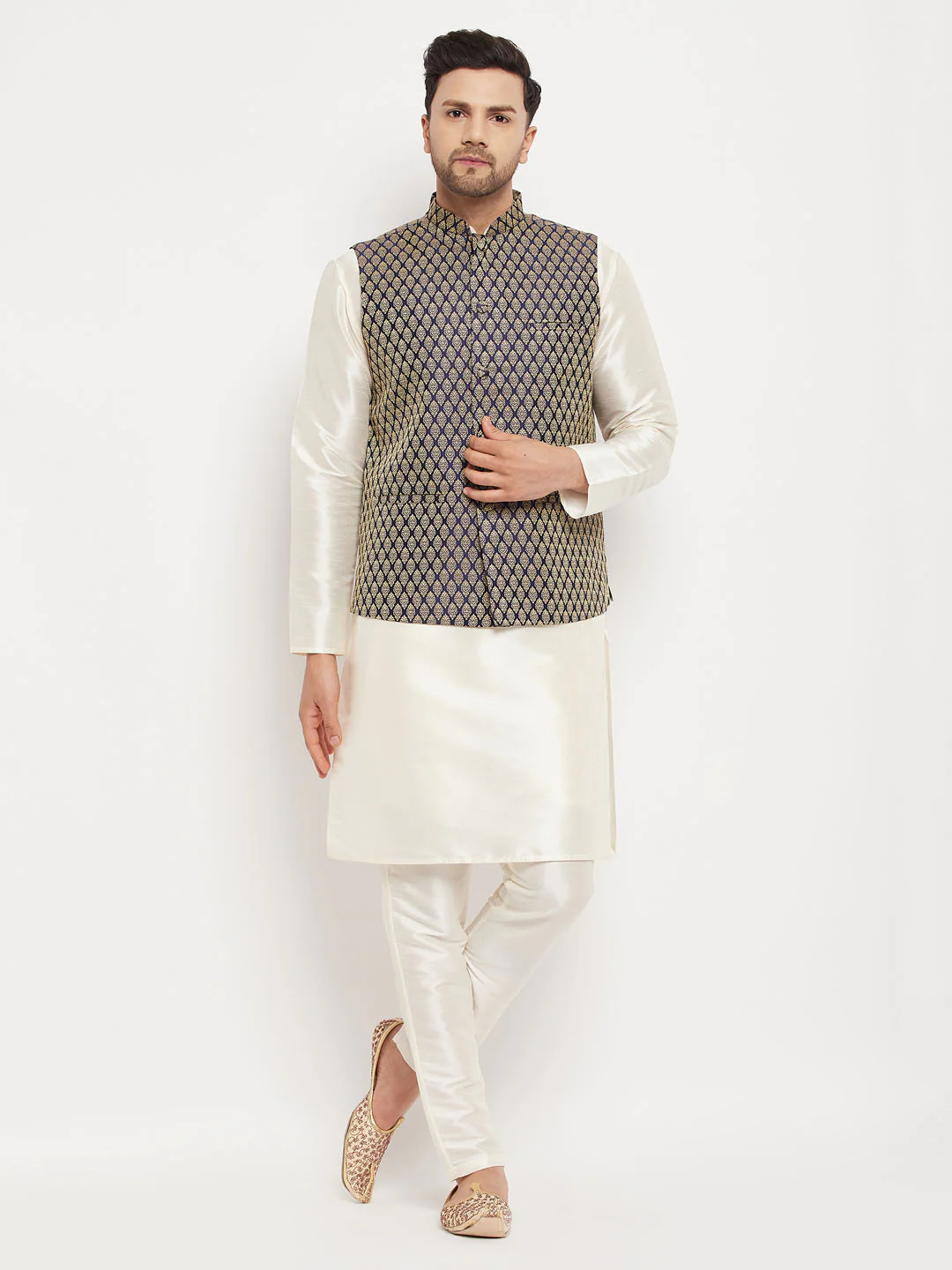 Men's Blue Silk Blend Jacket With Kurta Pant Set - Image 6
