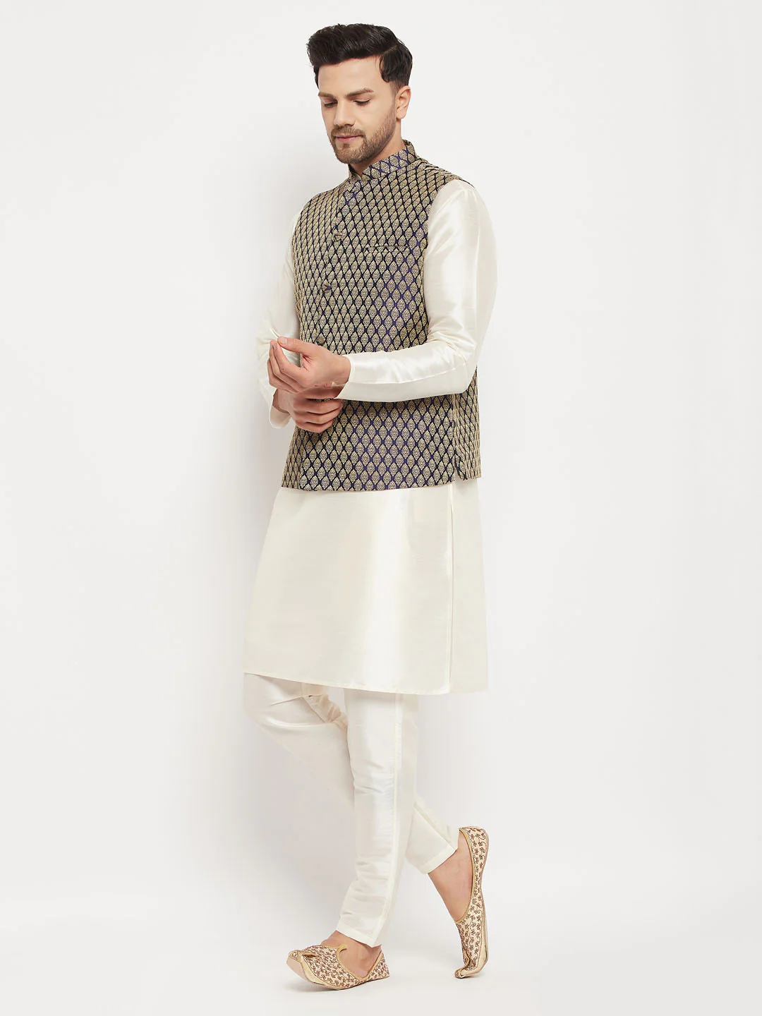 Men's Blue Silk Blend Jacket With Kurta Pant Set - Image 7