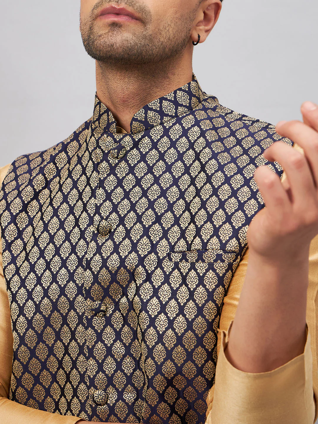 Men's Blue Ethnic Jacket With Rose Gold Silk Blend Kurta And Pant Style Pyjama Set - Image 4