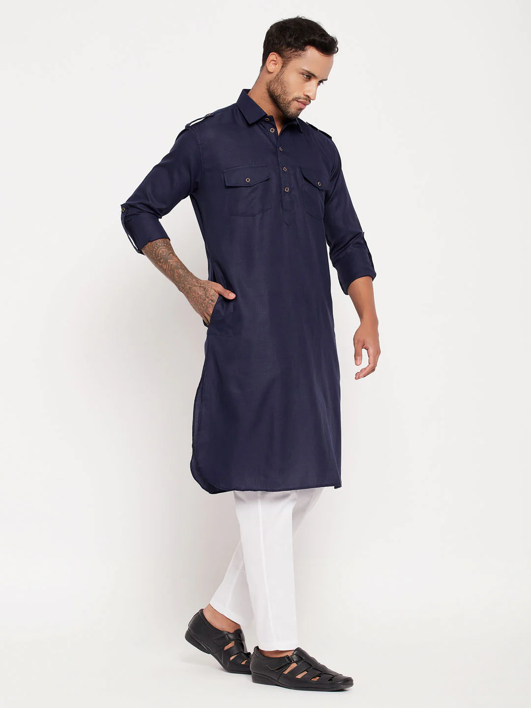 Men's Blue Pathani Suit With White Pant Set - Image 3