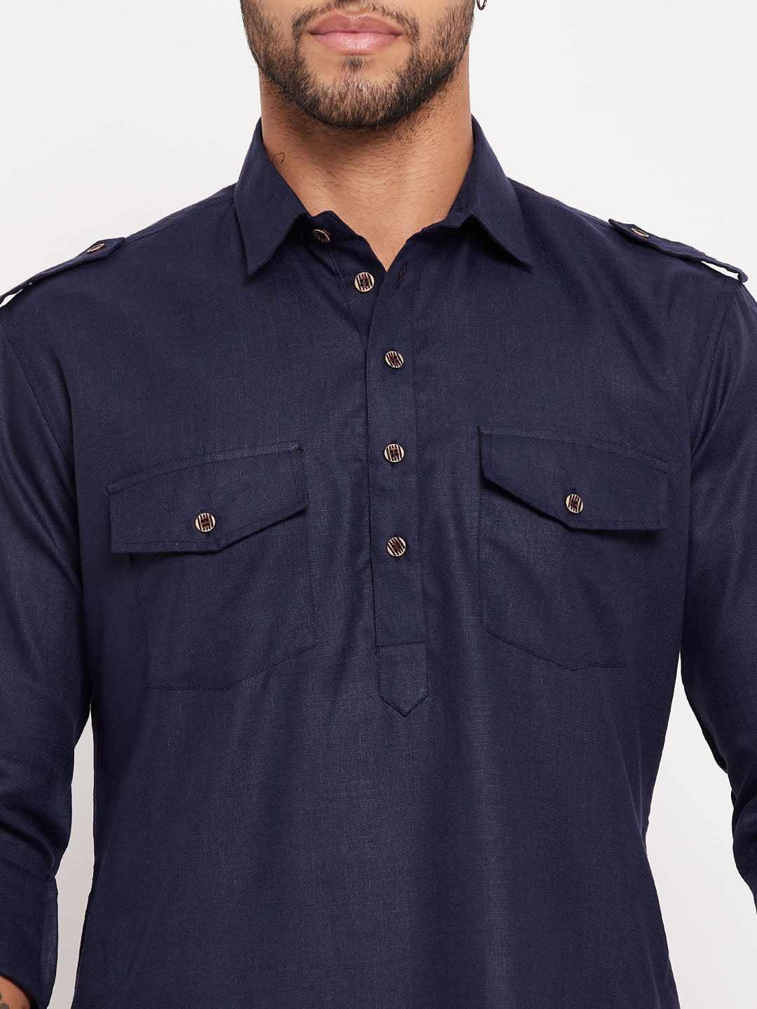 Men's Blue Pathani Suit With White Pant Set - Image 5