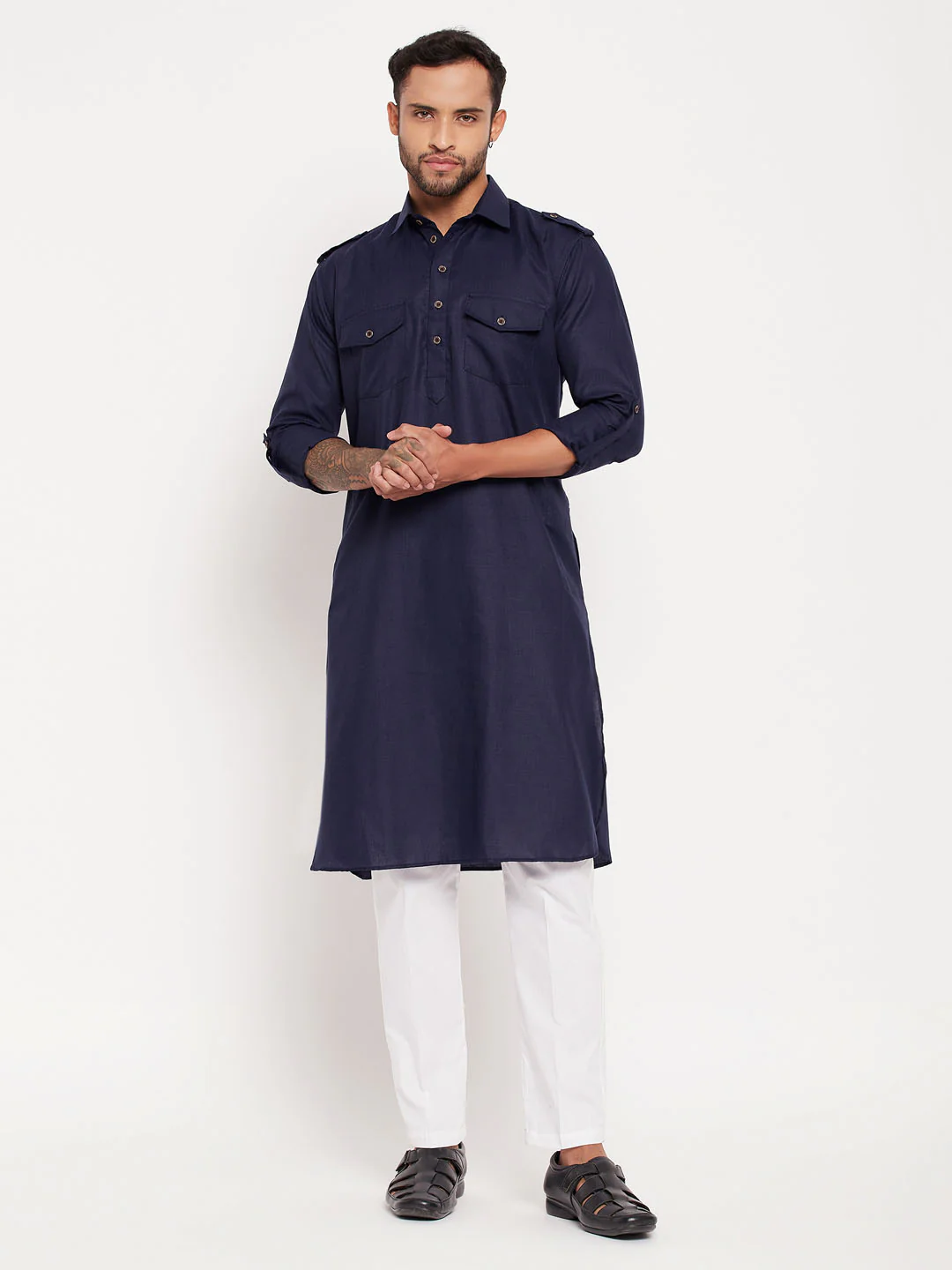 Men's Blue Pathani Suit With White Pant Set - Image 7