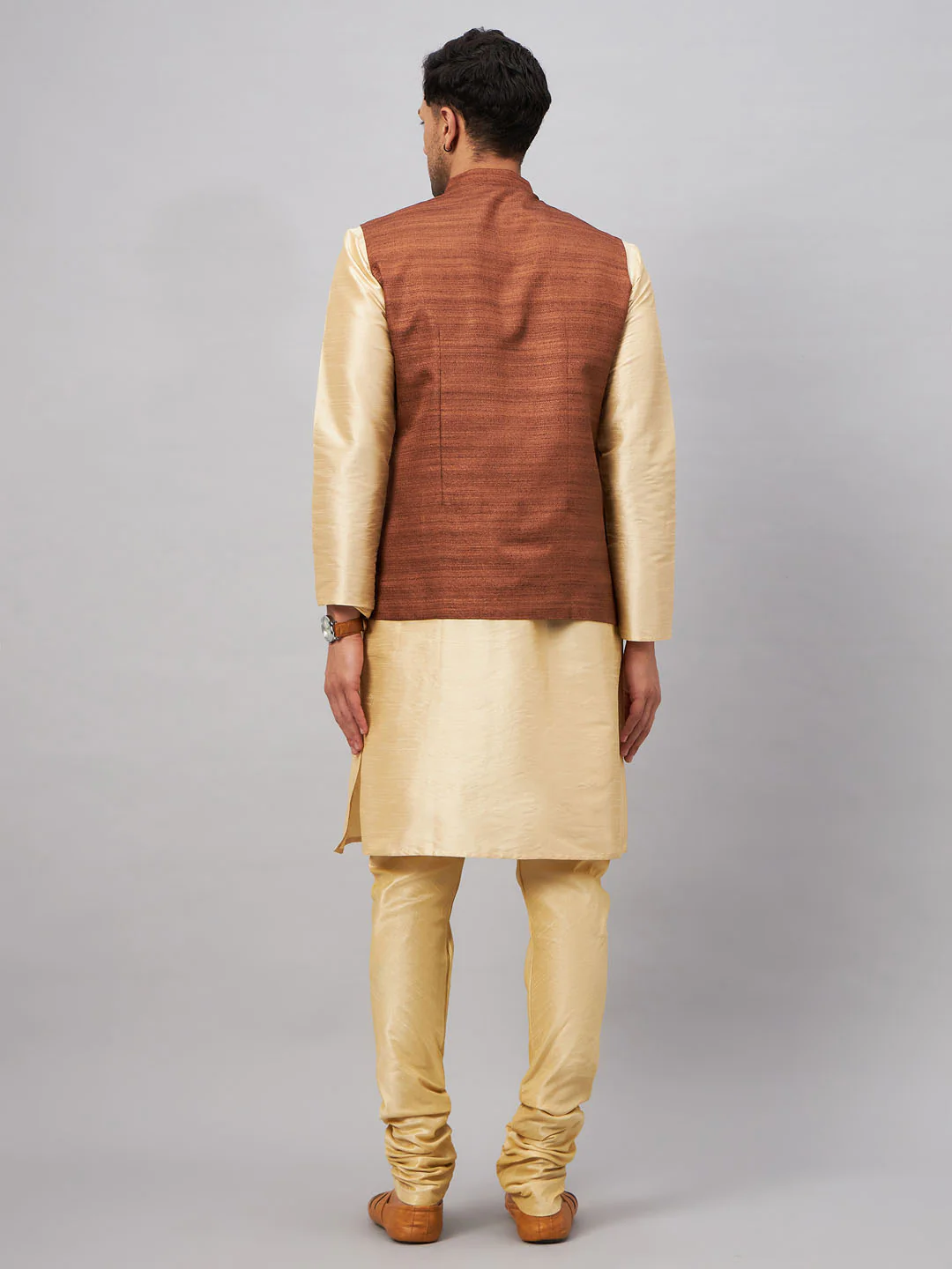 Men's Coffee Jacket With Gold Kurta And Pyjama Set - Image 3