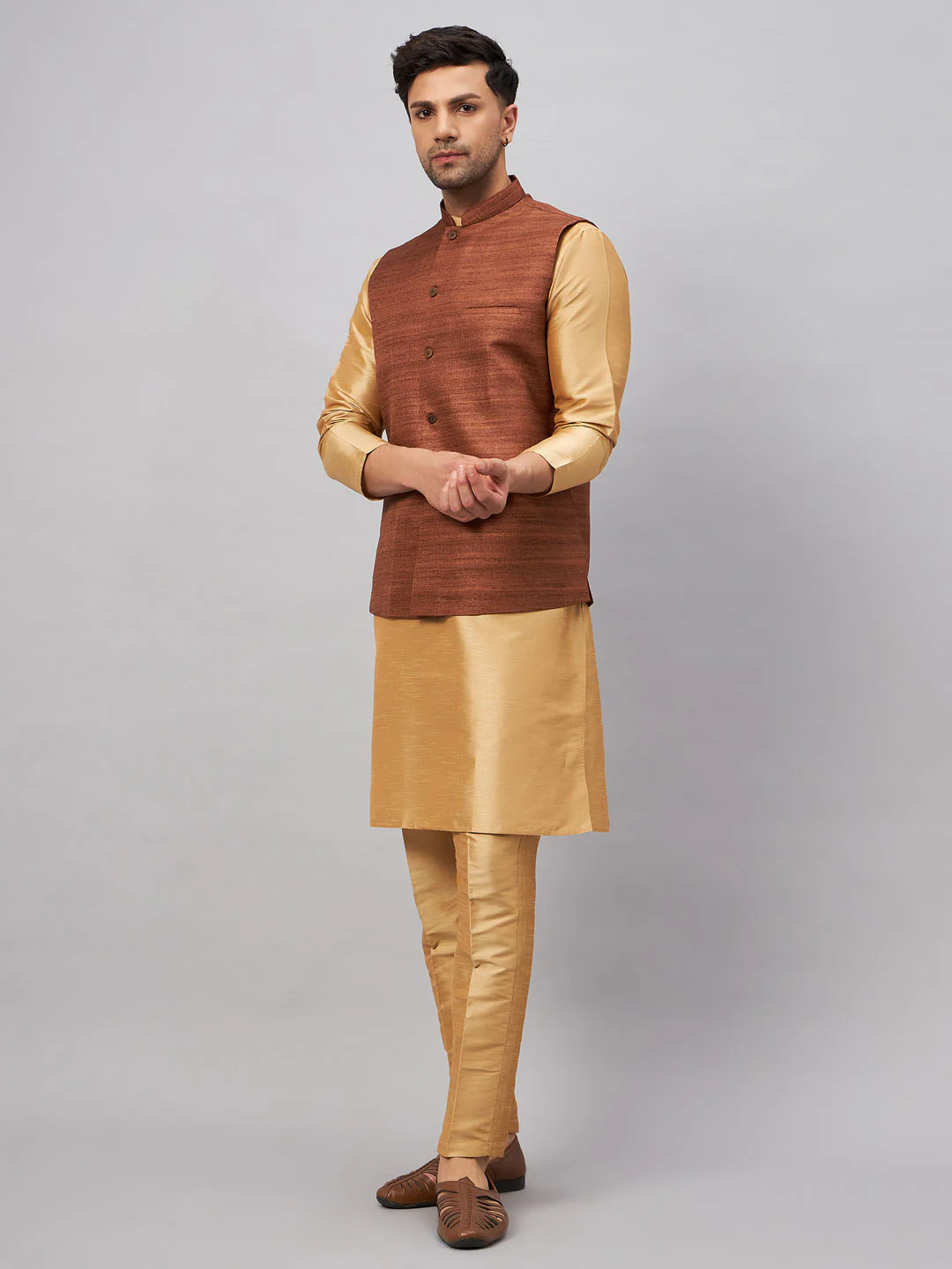 Men's Coffee Jacket With Rose Gold Kurta And Pant Set - Image 2