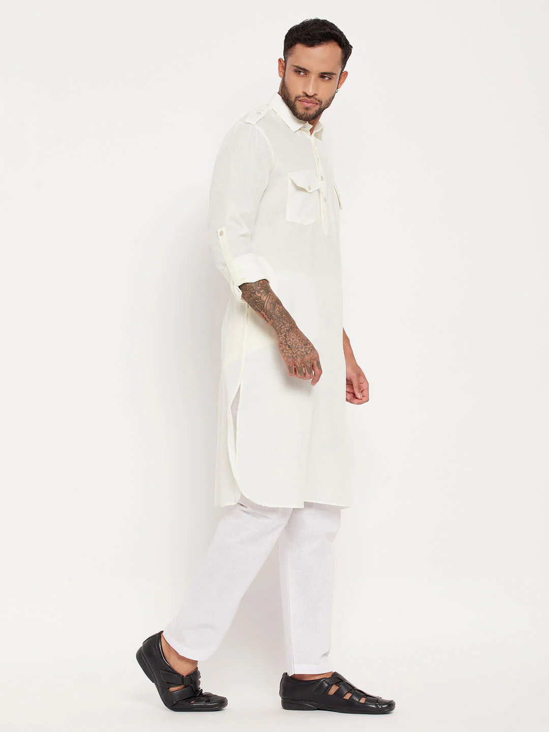 Men's Cream And White Cotton Blend Pathani Suit Set - Image 3