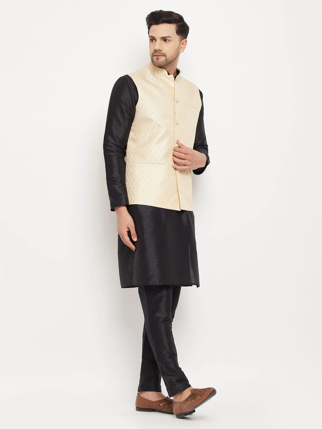 Men's Cream Silk Blend Jacket With Kurta Pant Set - Image 2