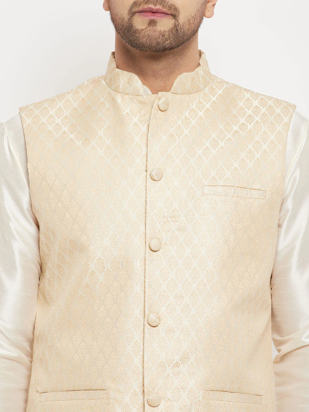 Men's Cream Silk Blend Jacket With Kurta Pant Set - Image 4