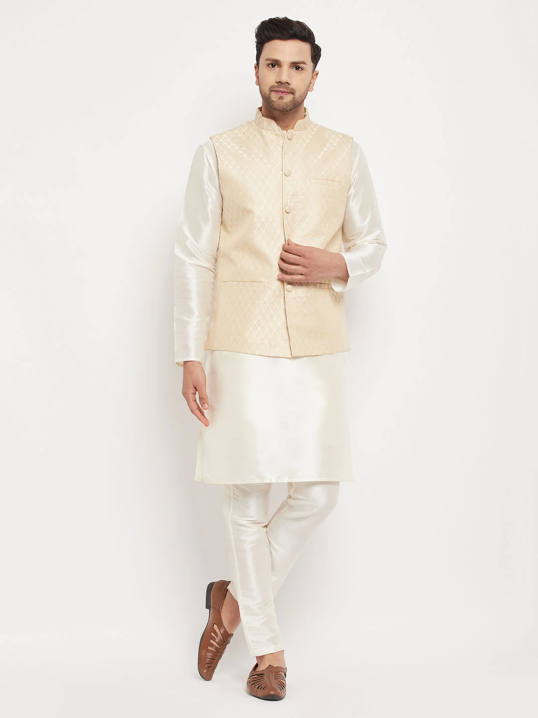 Men's Cream Silk Blend Jacket With Kurta Pant Set - Image 6