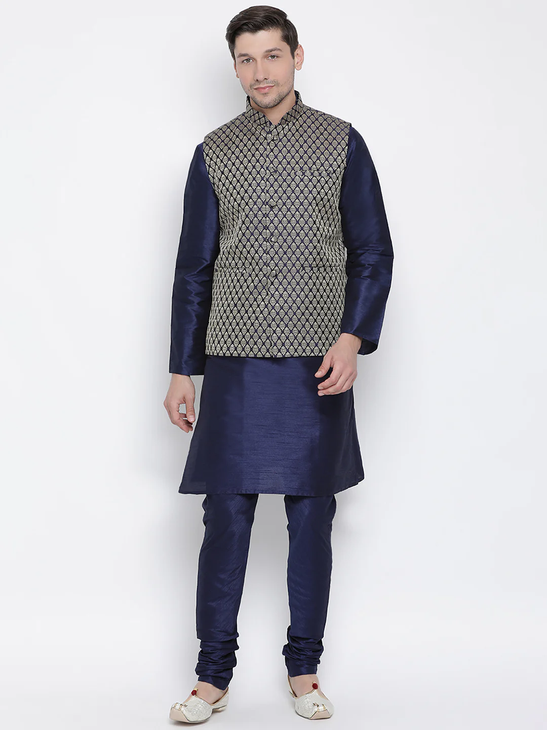 Men's Dark Blue Cotton Silk Blend Kurta, Ethnic Jacket Style Pyjama Set - Image 6