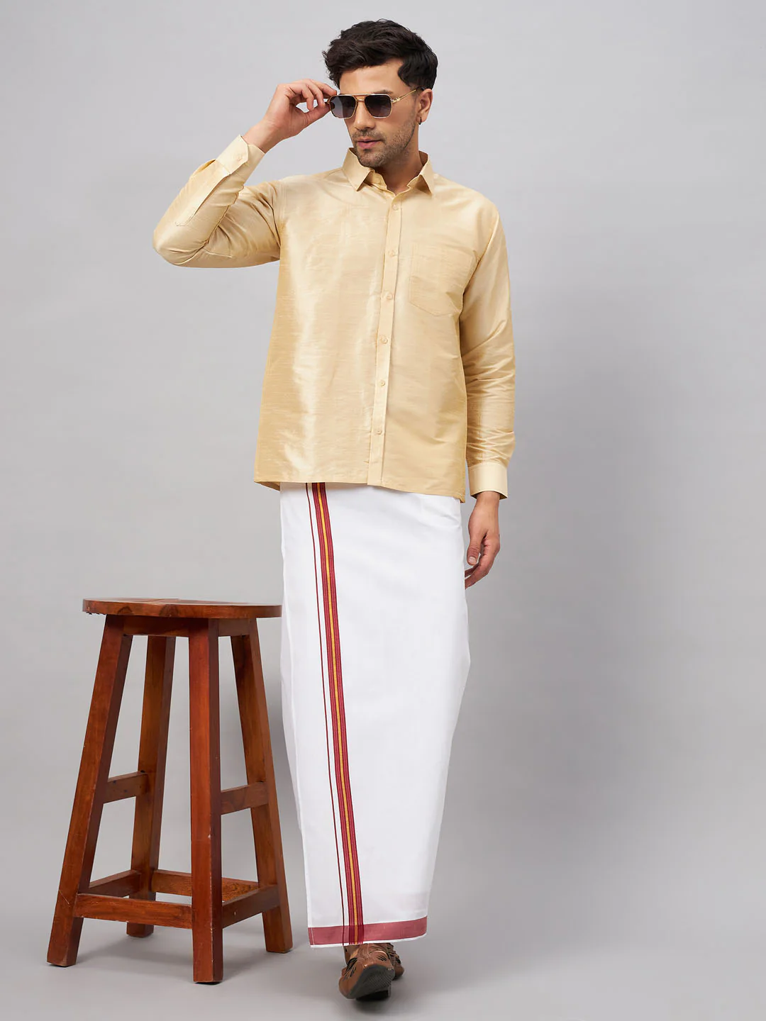 Men's Gold And White Silk Blend Shirt And Mundu Set