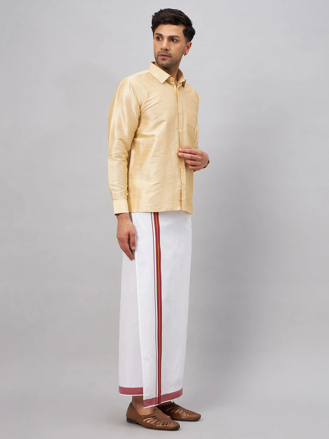 Men's Gold And White Silk Blend Shirt And Mundu Set - Image 2