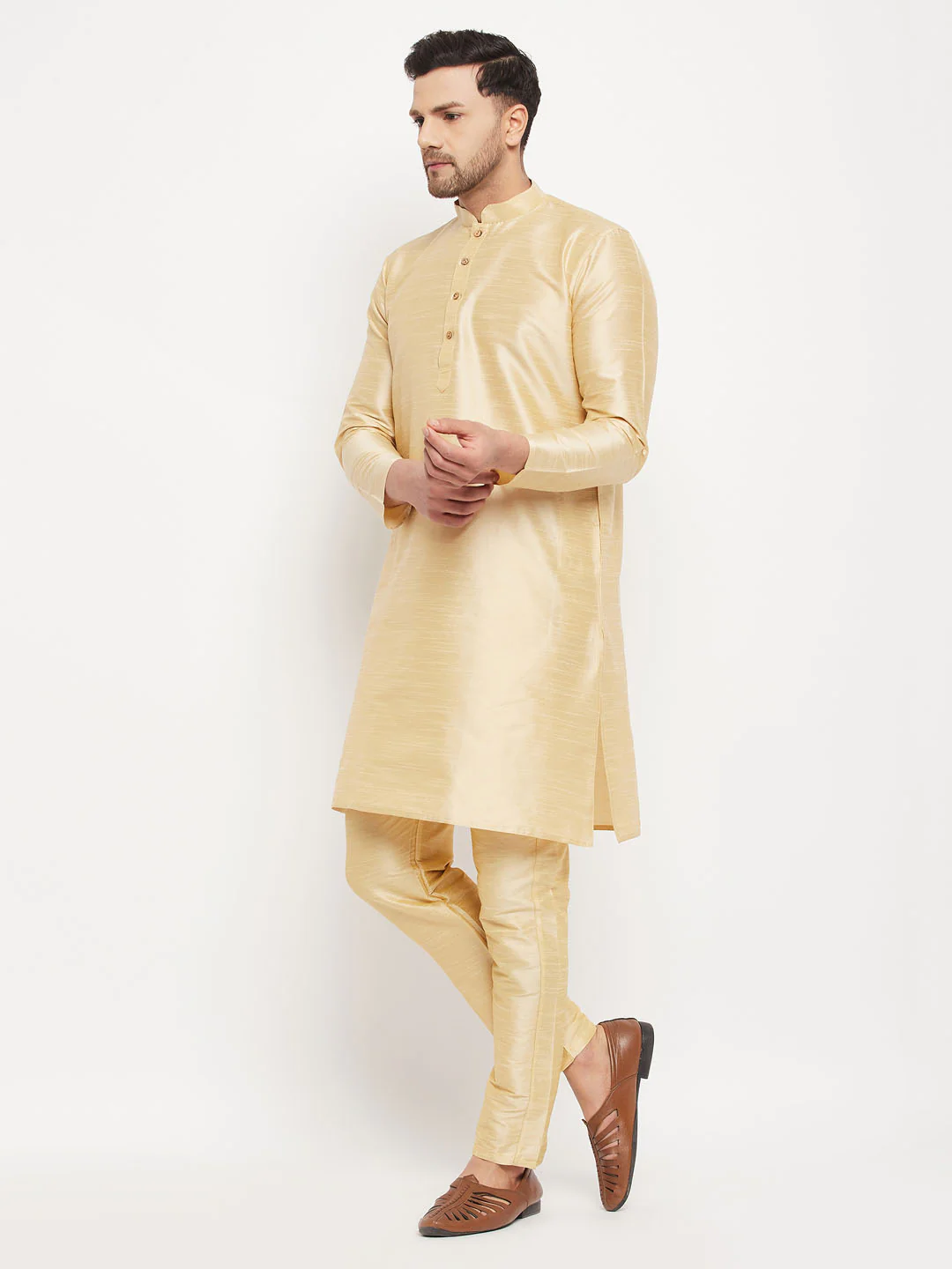 Men's Gold Cotton Silk Blend Kurta And Gold Pant Style Pyjama Set - Image 2