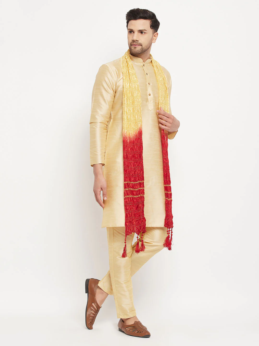Men's Gold Cotton Silk Blend Kurta And Gold Pant Style Pyjama Set With Dupatta - Image 2