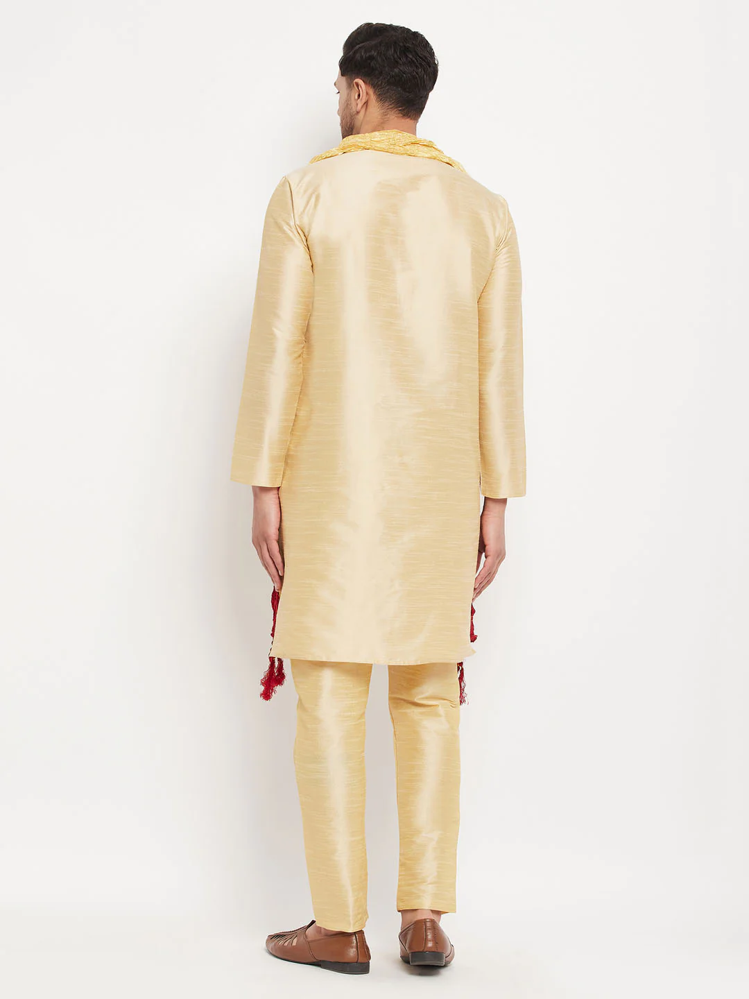 Men's Gold Cotton Silk Blend Kurta And Gold Pant Style Pyjama Set With Dupatta - Image 3
