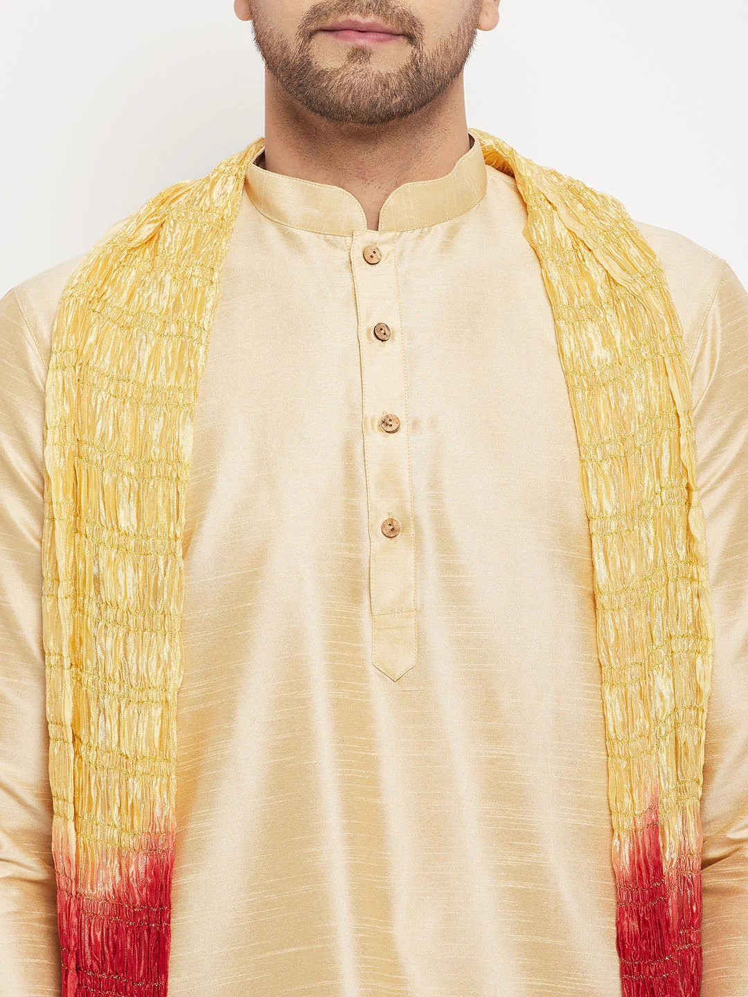 Men's Gold Cotton Silk Blend Kurta And Gold Pant Style Pyjama Set With Dupatta - Image 4