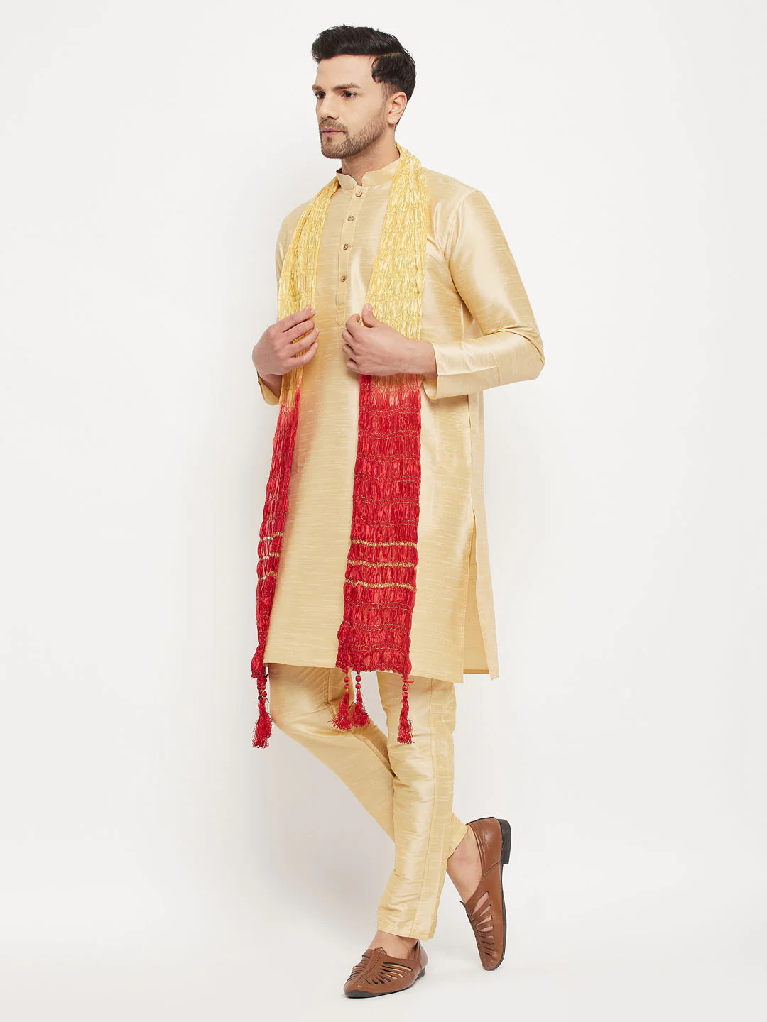 Men's Gold Cotton Silk Blend Kurta And Gold Pant Style Pyjama Set With Dupatta - Image 7