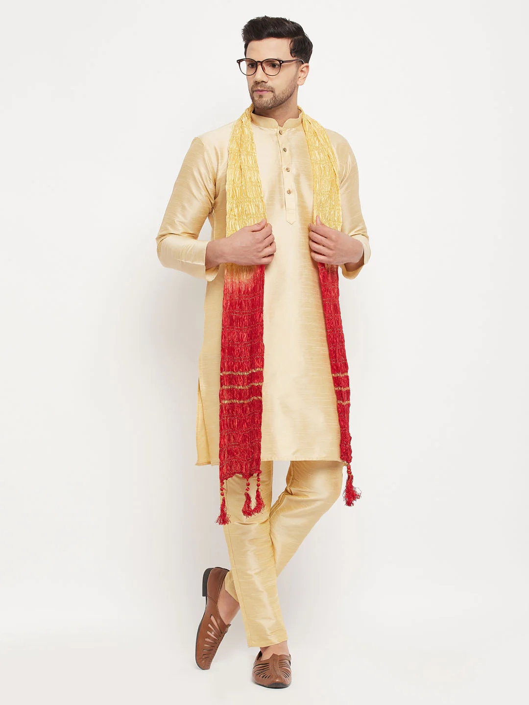 Men's Gold Cotton Silk Blend Kurta And Gold Pant Style Pyjama Set With Dupatta - Image 8