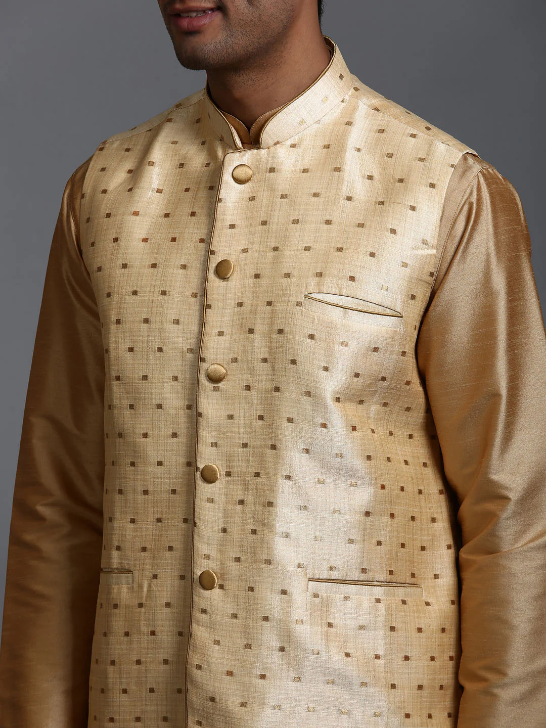 Men's Gold Zari Weaved Jacket With Kurta Dhoti Set - Image 4