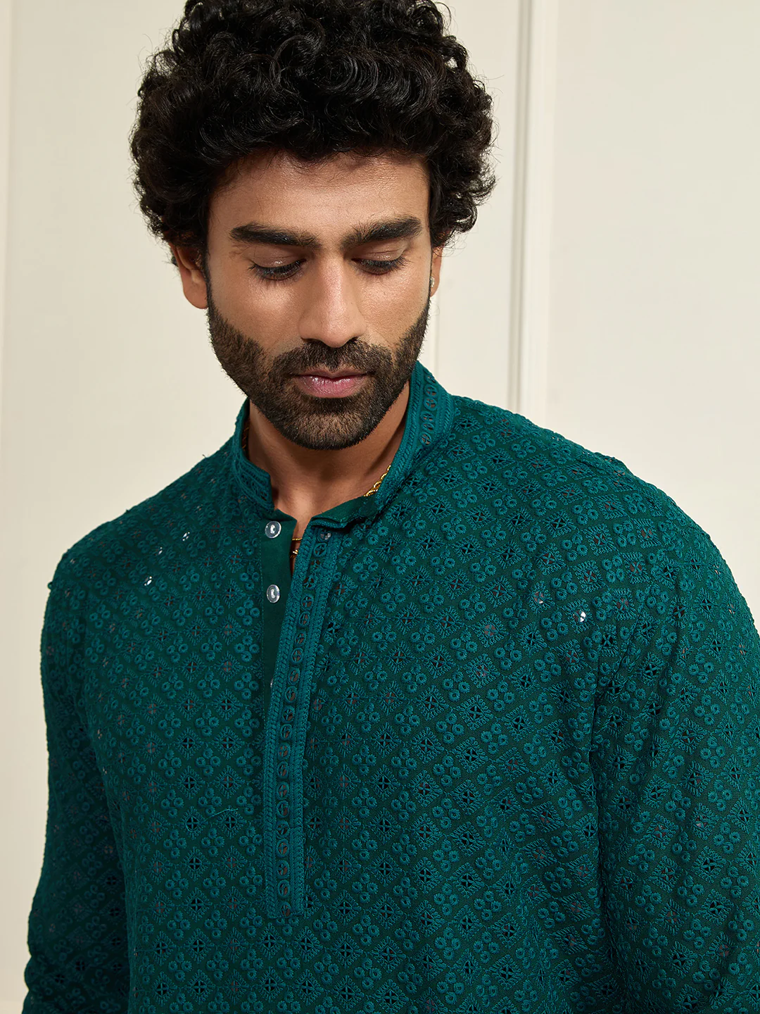 Men's Green Rayon Schiffli Kurta - Image 3