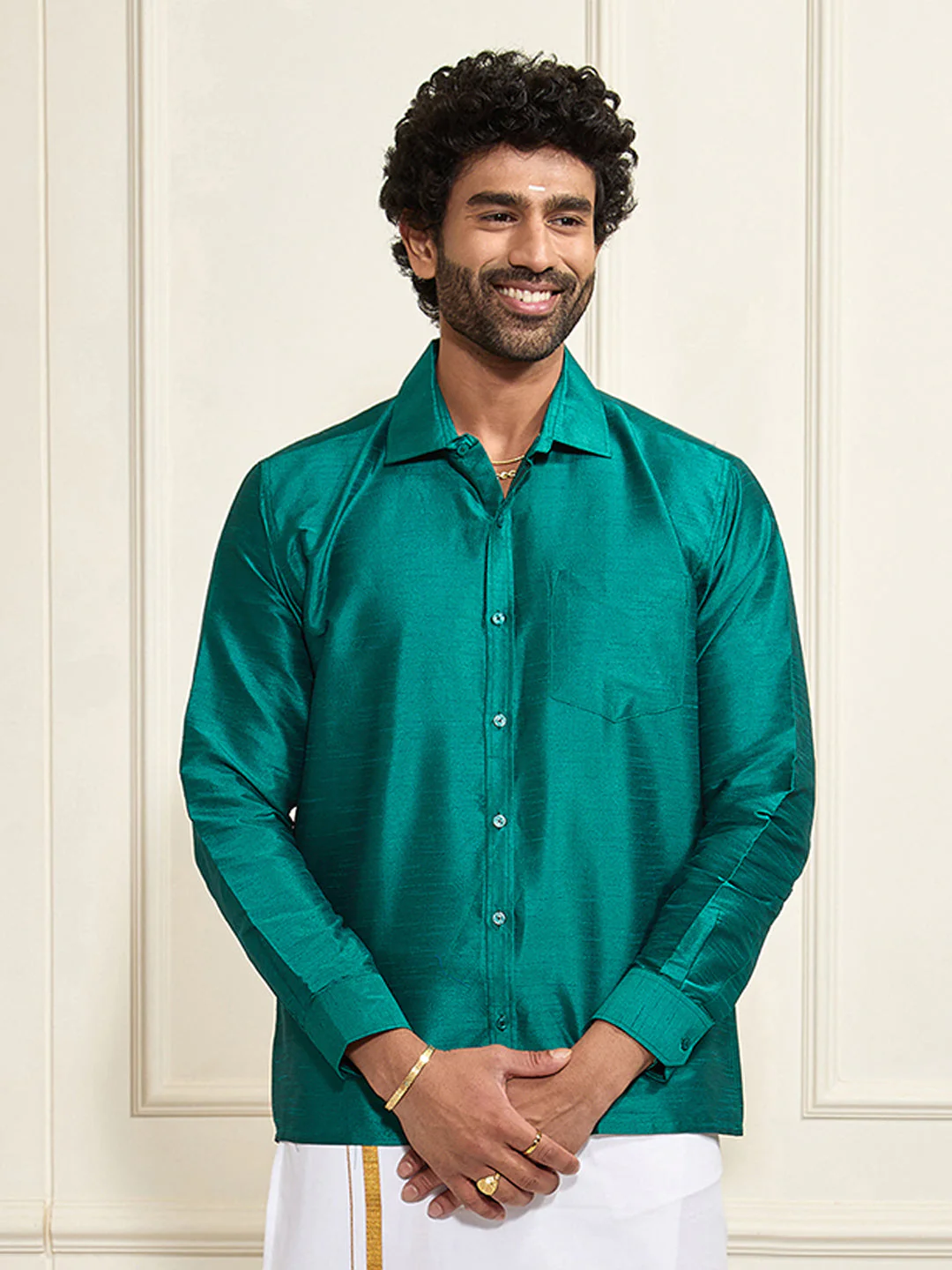 Men's Green Silk Blend Ethnic Shirt - Image 3