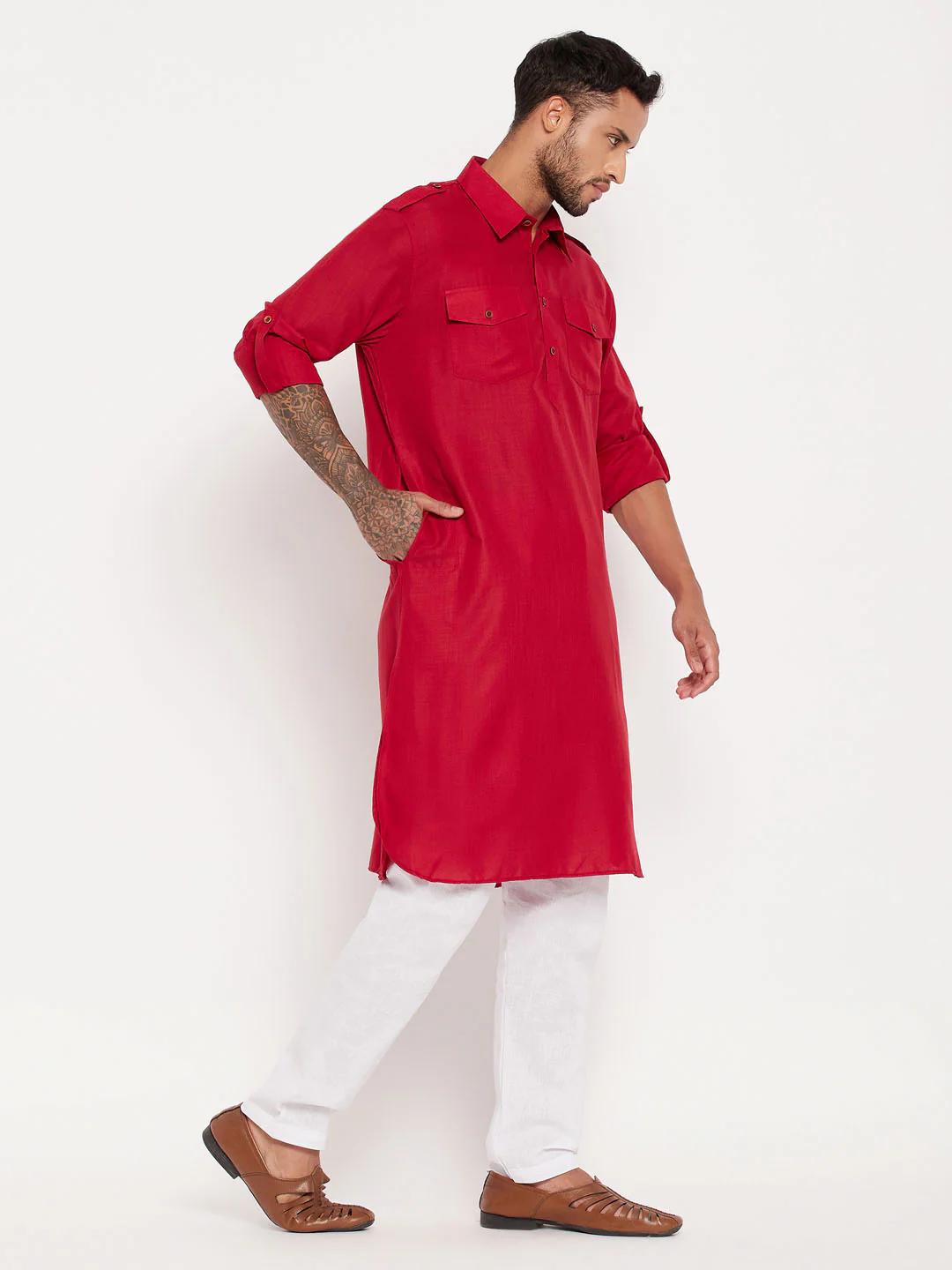 Men's Maroon And White Cotton Blend Pathani Suit Set - Image 2