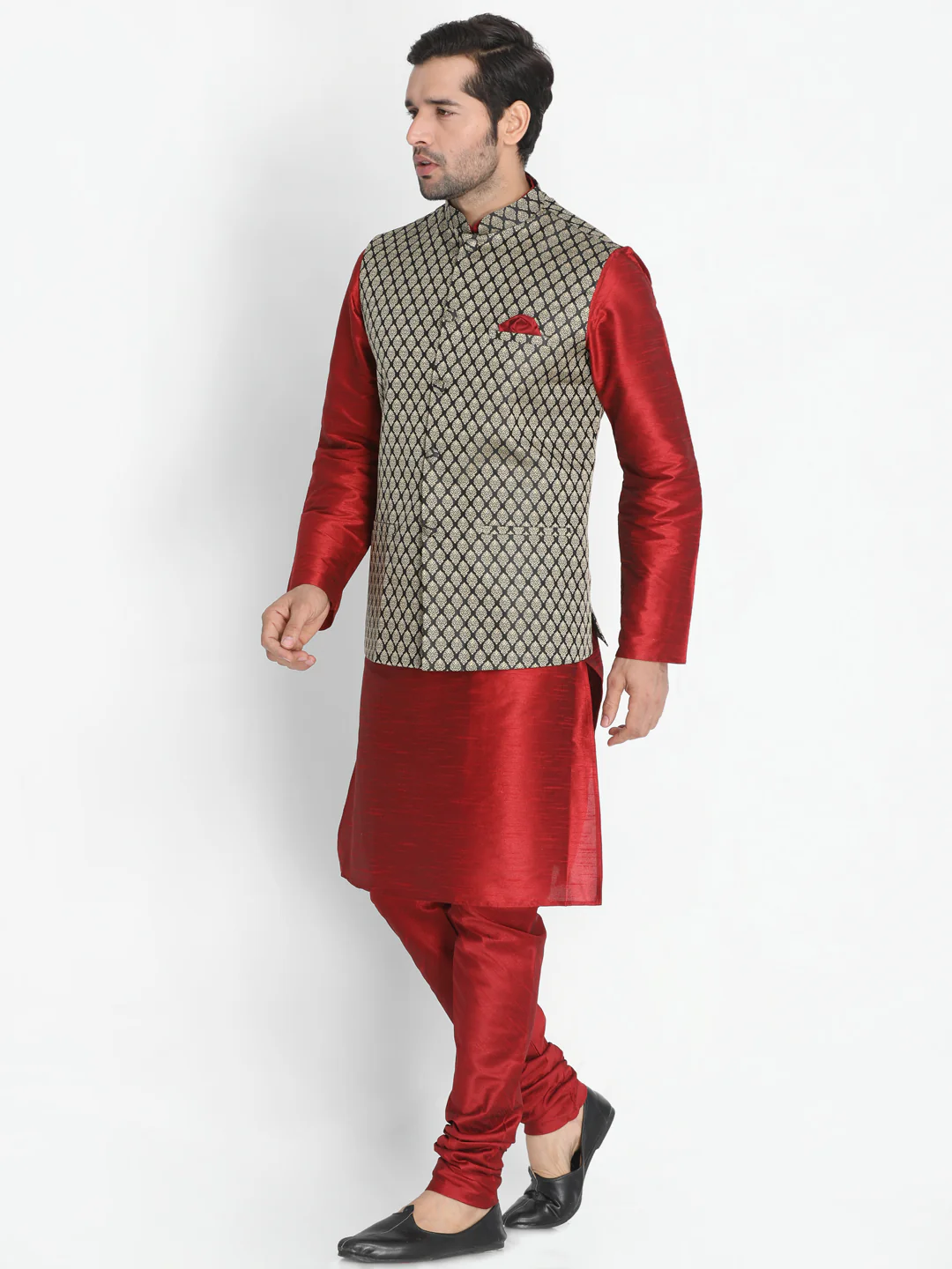 Men's Maroon Silk Blend Jacket With Kurta Pyjama Set - Image 2