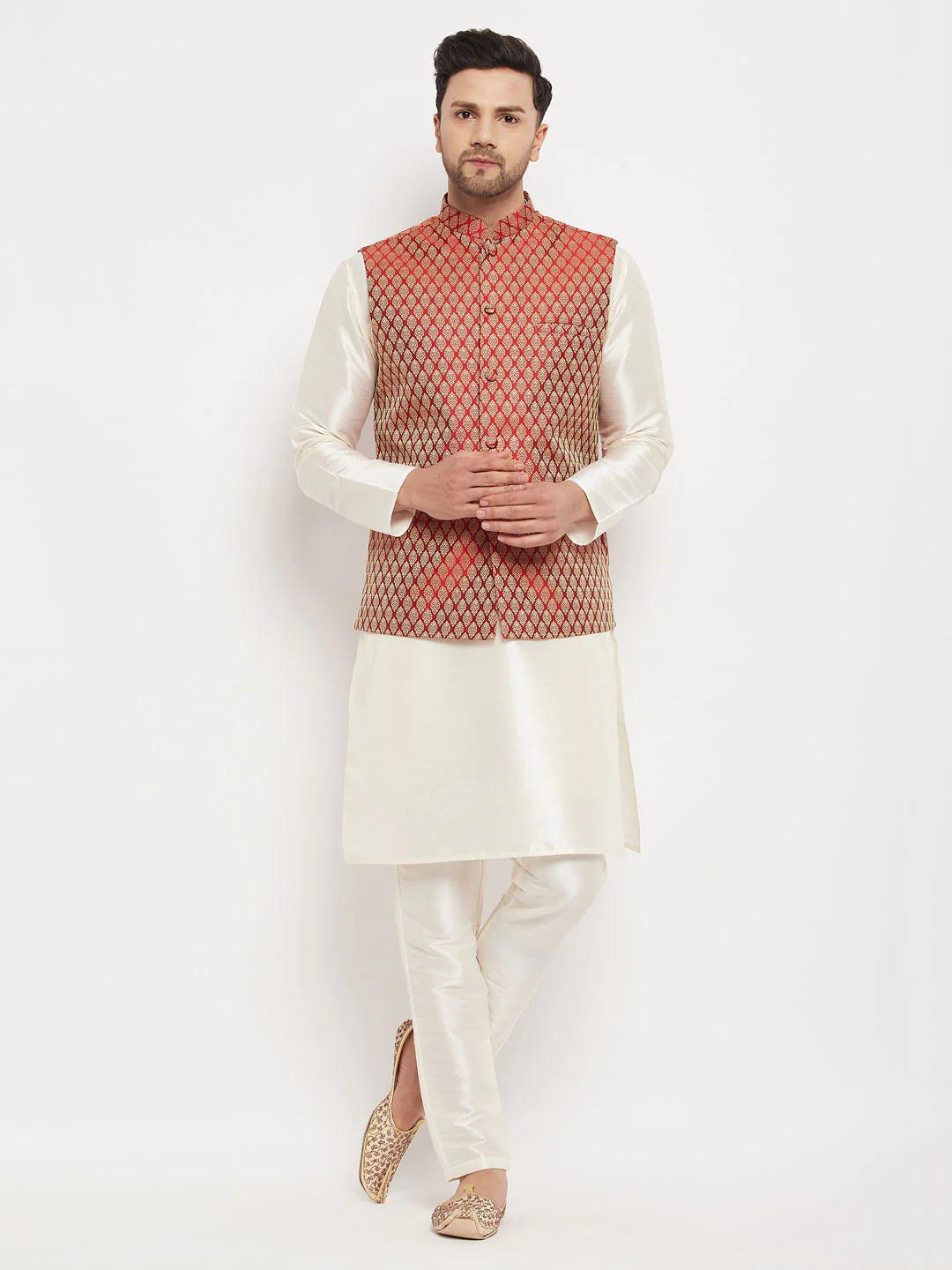 Men's Maroon Silk Blend Jacket With Kurta Pant Set