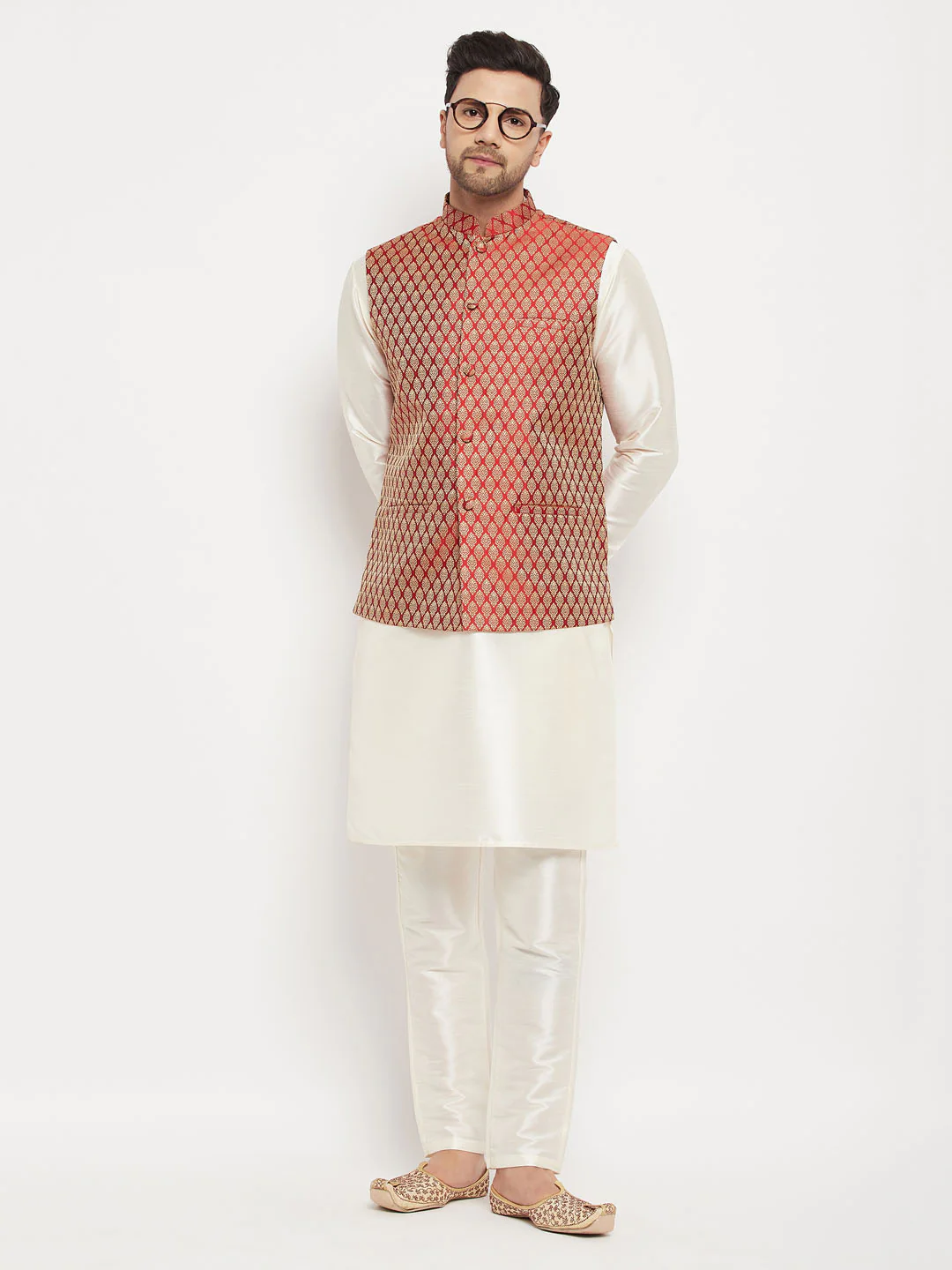 Men's Maroon Silk Blend Jacket With Kurta Pant Set - Image 6