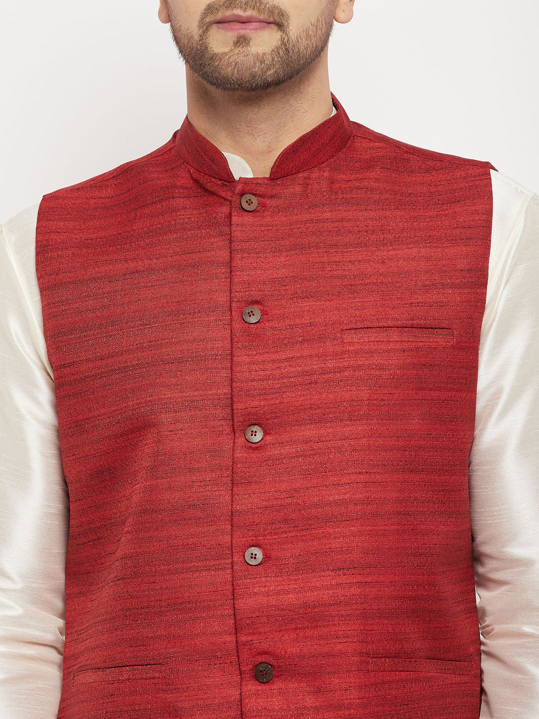 Men's Maroon Matka Silk Nehru Jacket With Cream Silk Blend Kurta And Pant Style Pyjama Set - Image 4