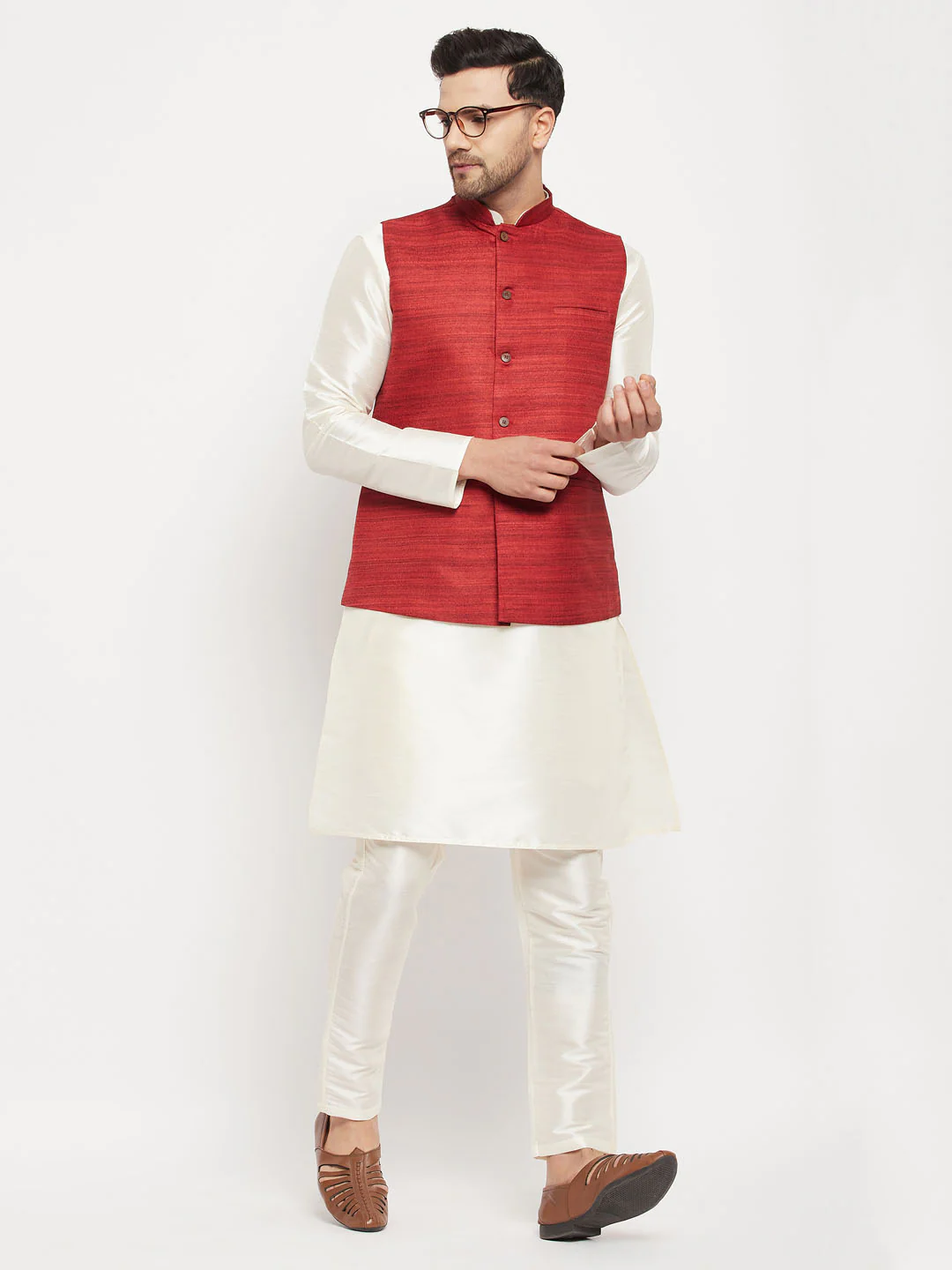 Men's Maroon Matka Silk Nehru Jacket With Cream Silk Blend Kurta And Pant Style Pyjama Set - Image 6
