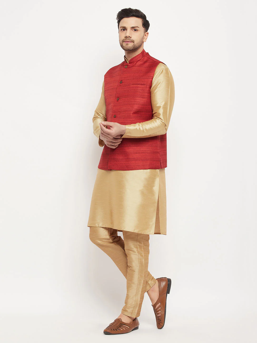 Men's Maroon Matka Silk Nehru Jacket With Rose Gold Silk Blend Kurta And Pant Style Pyjama Set - Image 6