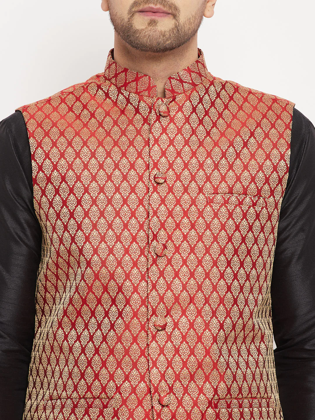 Men's Maroon Silk Blend Ethnic Jacket, Black Kurta And Maroon Pant Style Pyjama Set - Image 4