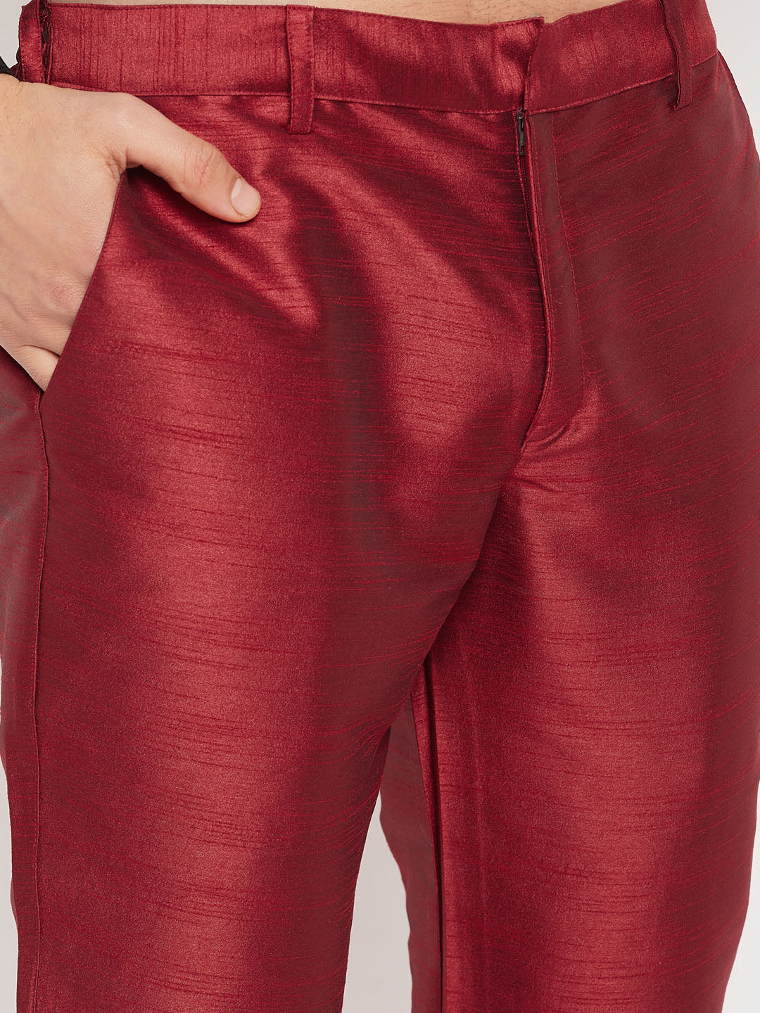 Men's Maroon Silk Blend Ethnic Jacket, Black Kurta And Maroon Pant Style Pyjama Set - Image 5