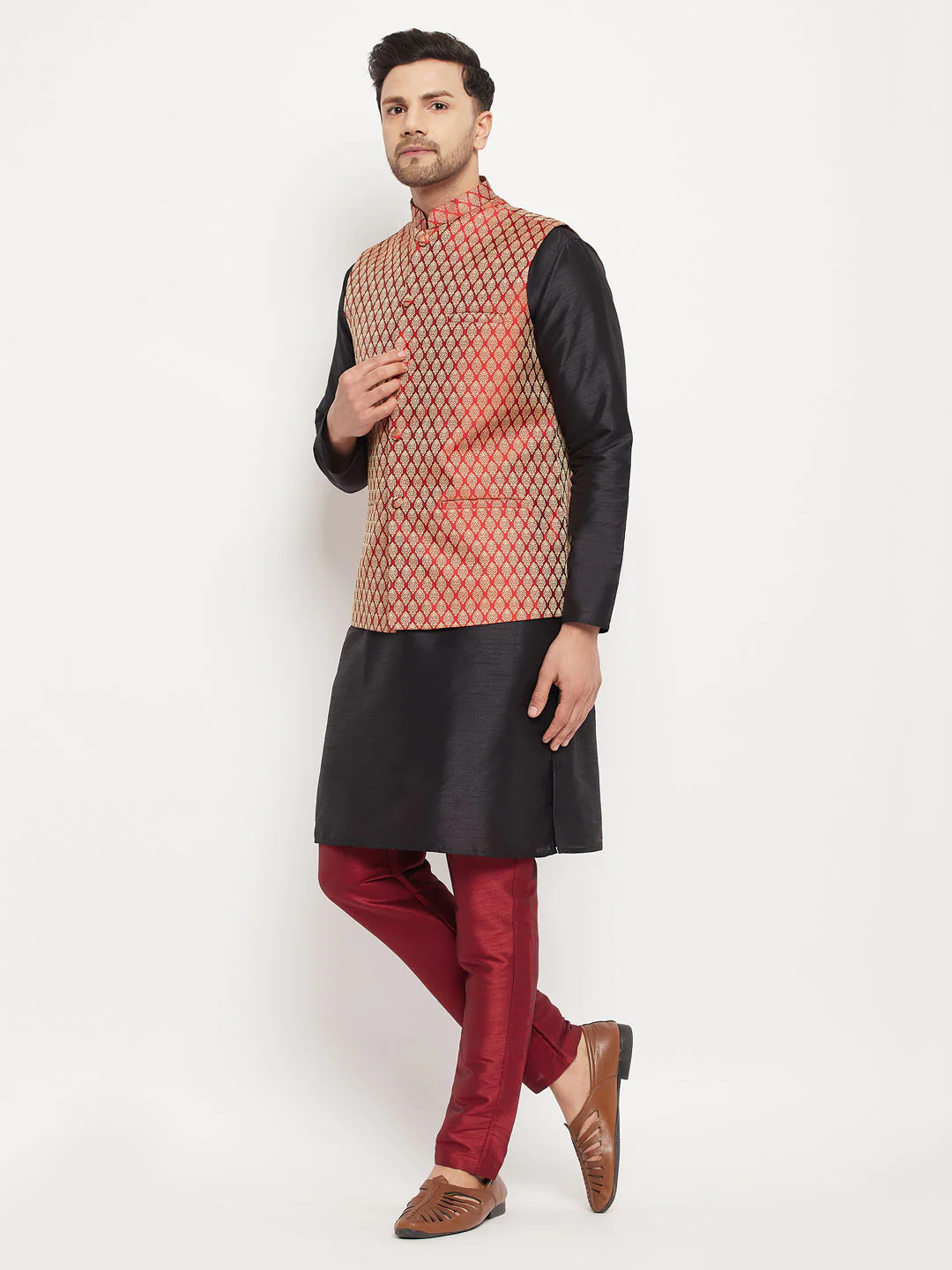 Men's Maroon Silk Blend Ethnic Jacket, Black Kurta And Maroon Pant Style Pyjama Set - Image 6
