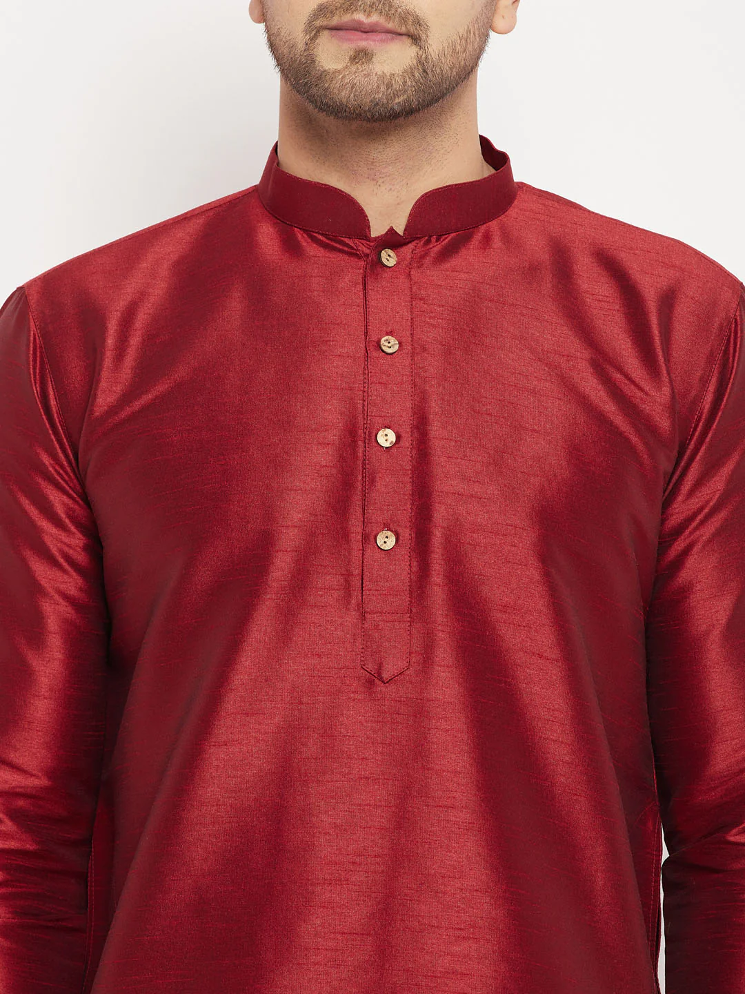 Men's Maroon Silk Blend Kurta And Gold Pant Style Pyjama Set - Image 4