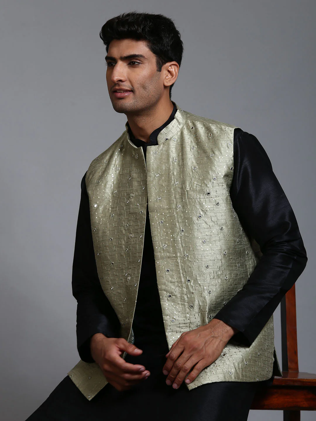 Men's Mehndi Green Embellished Jacket With Black Kurta Pant Set - Image 4
