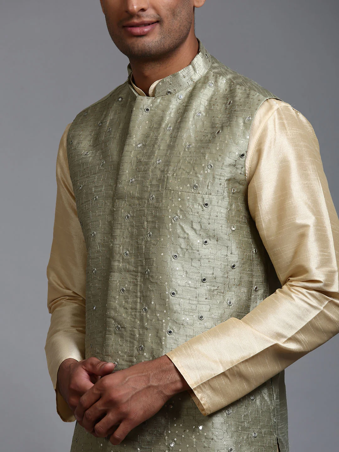Men's Mehndi Green Embellished Jacket With Gold Kurta Pant Set - Image 4
