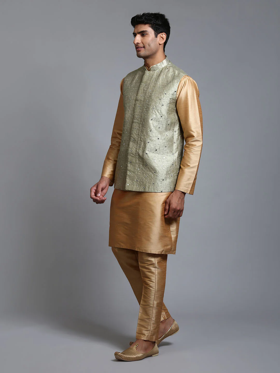 Men's Mehndi Green Embellished Jacket With Rose Gold Kurta Pant Set - Image 7