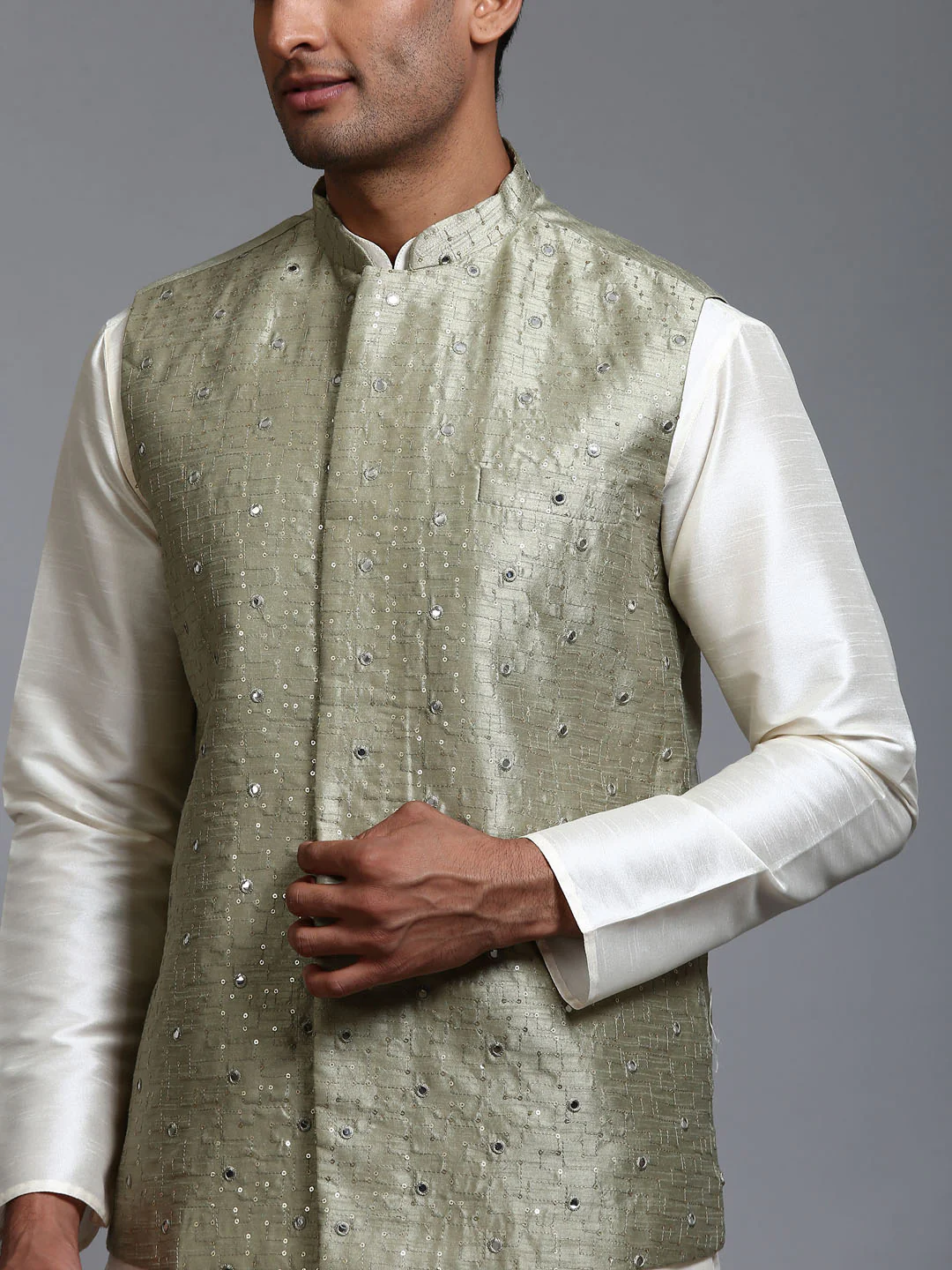 Men's Mehndi Green Embellished Jacket With Cream Kurta Pant Set - Image 4