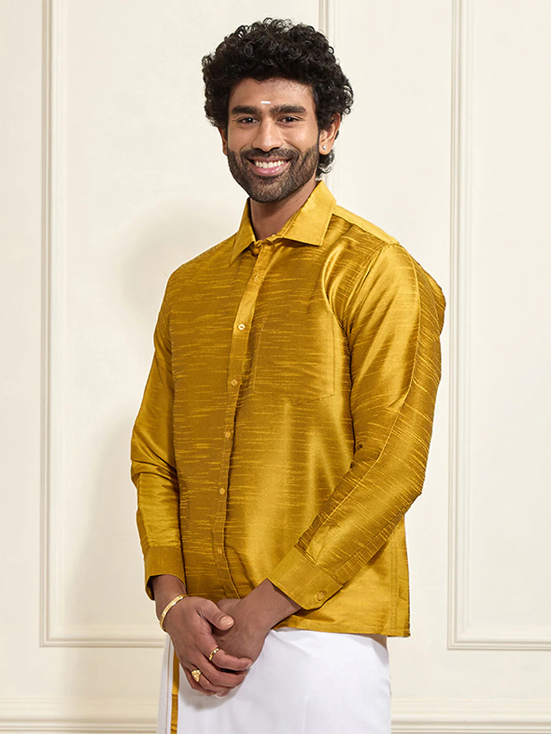 Men's Mustard Silk Blend Ethnic Shirt - Image 5