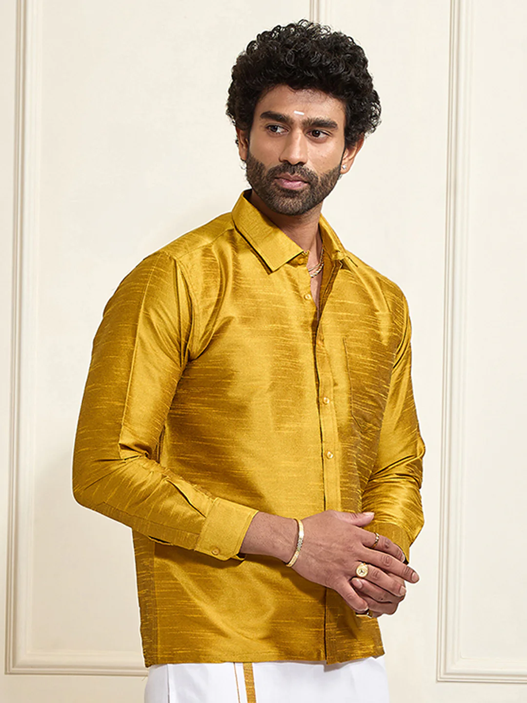 Men's Mustard Silk Blend Ethnic Shirt - Image 8