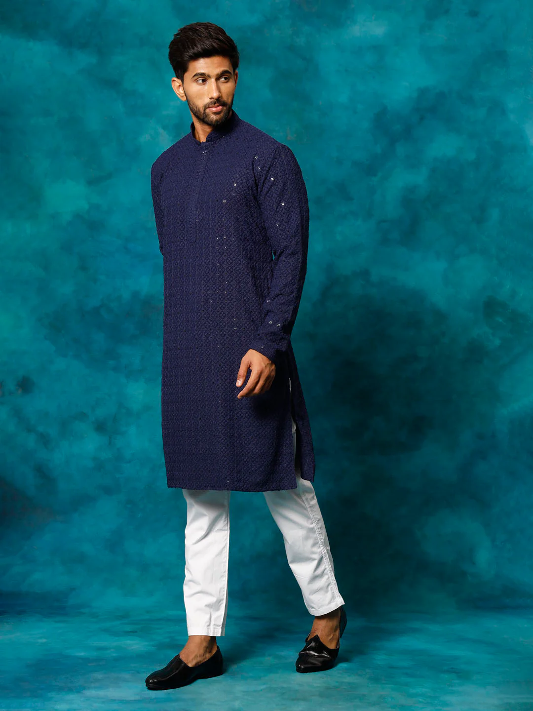 Men's Navy Blue Rayon Schiffli Kurta And Pant Set - Image 2