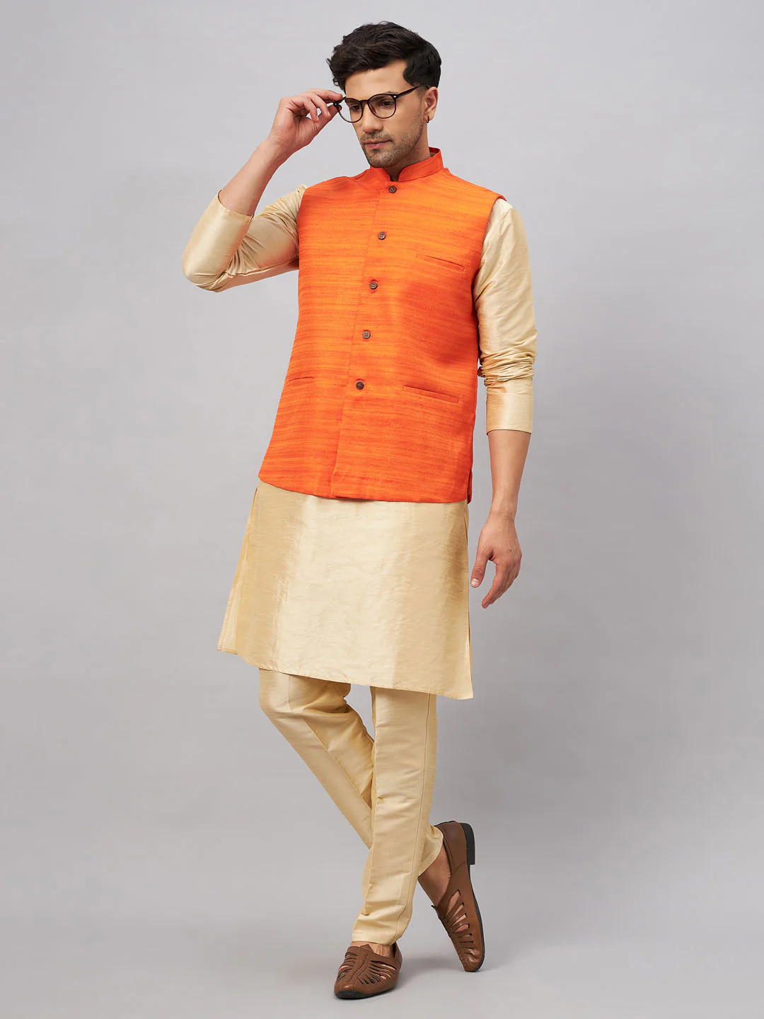 Men's Orange Matka Silk Nehru Jacket With Gold Silk Blend Kurta And Pant Style Pyjama Set - Image 6