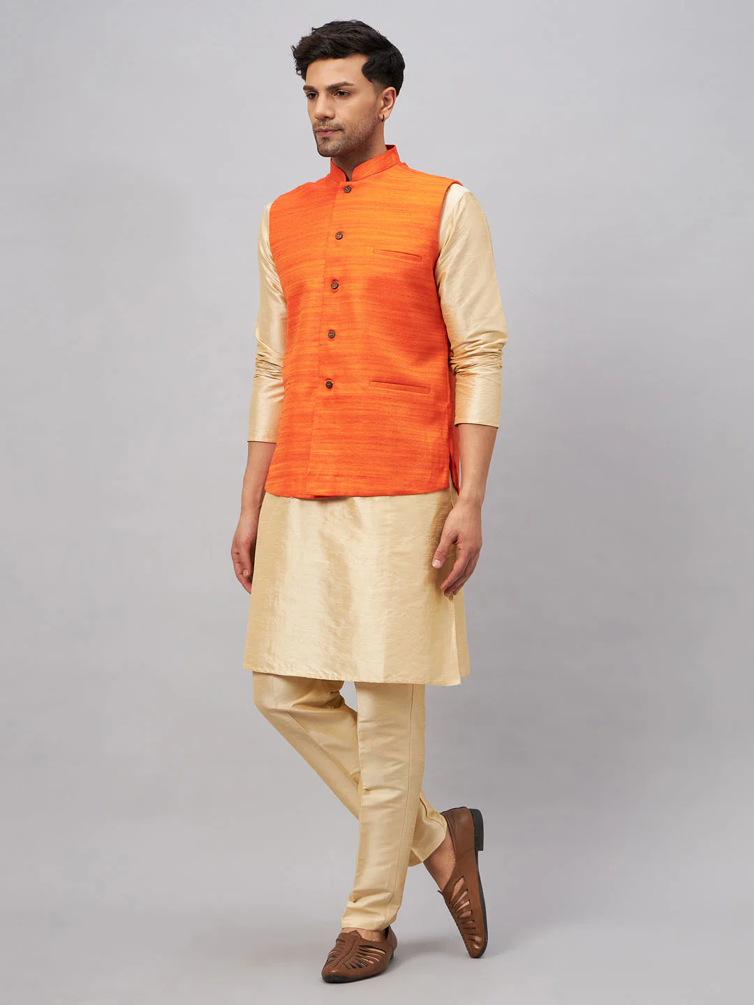 Men's Orange Matka Silk Nehru Jacket With Gold Silk Blend Kurta And Pant Style Pyjama Set - Image 7