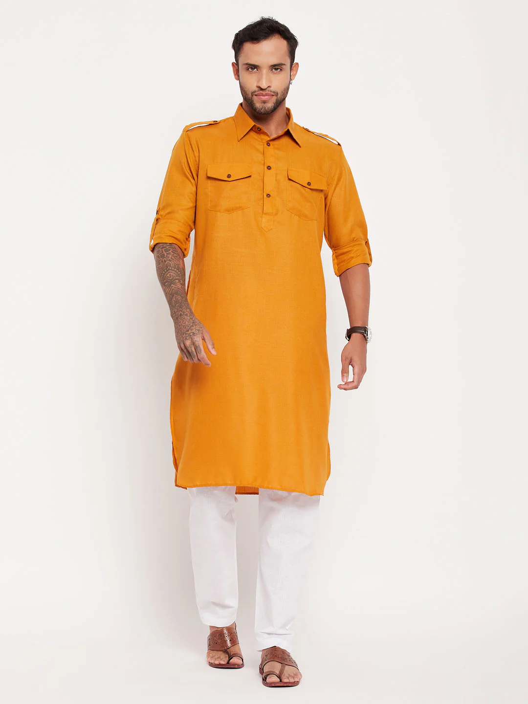 Men's Rust And White Cotton Blend Pathani Suit Set - Image 7