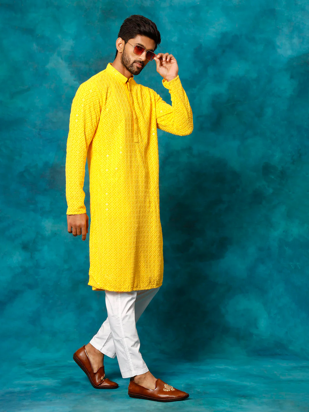 Men's Yellow Rayon Schiffli Kurta And Pant Set - Image 2