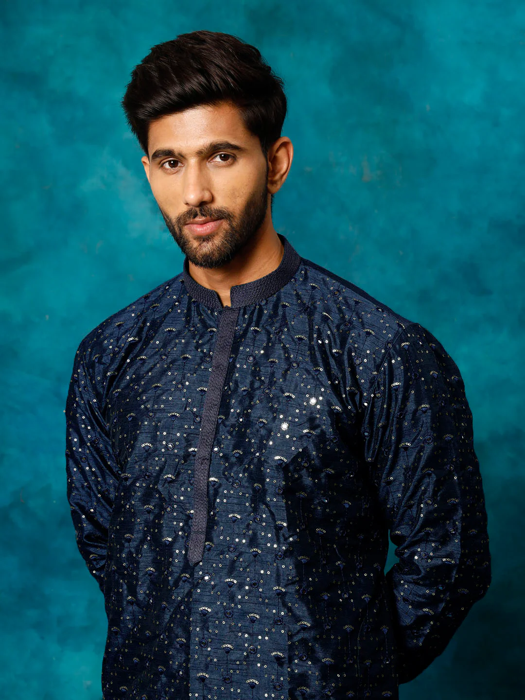 Men's Blue Silk Blend Kurta Pyjama Set - Image 4