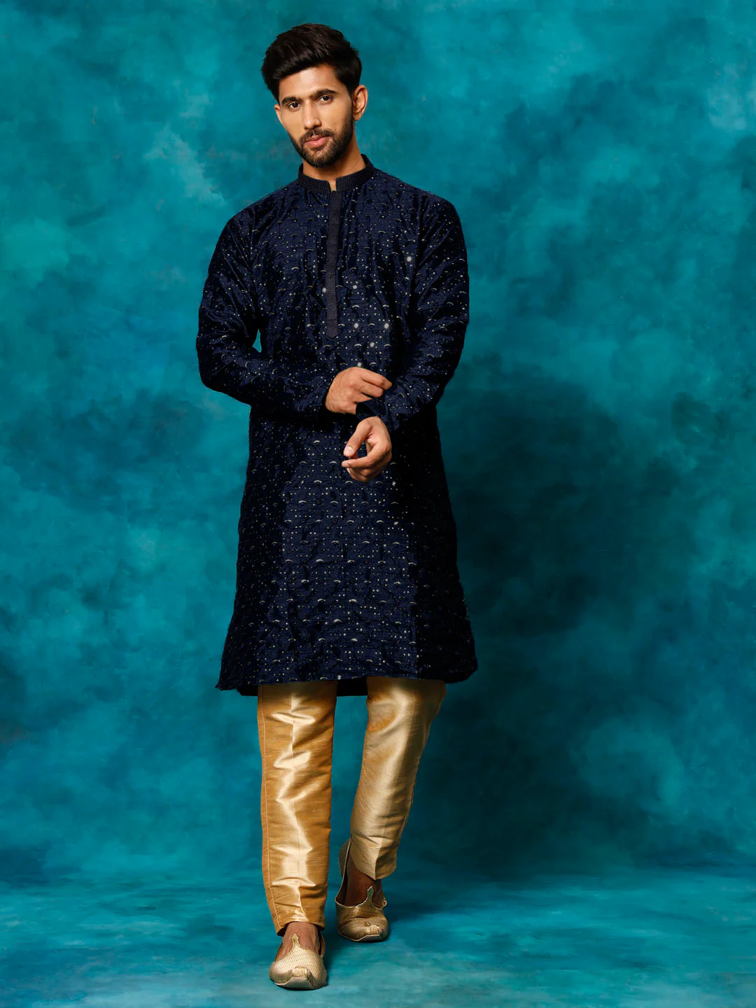 Men's Blue Silk Blend Kurta Pyjama Set - Image 7