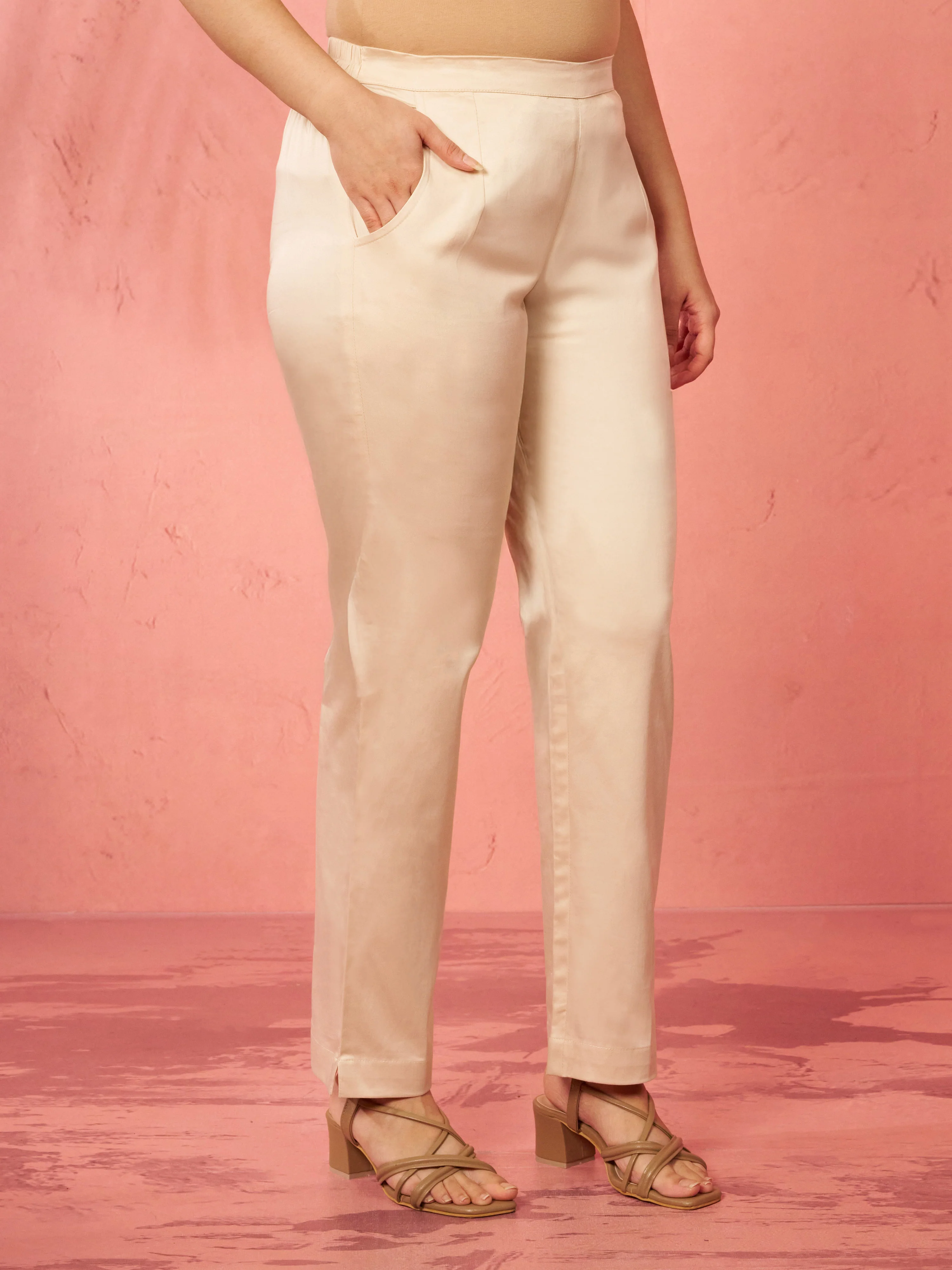 Women's Beige Cotton Lycra Trousers - Image 3