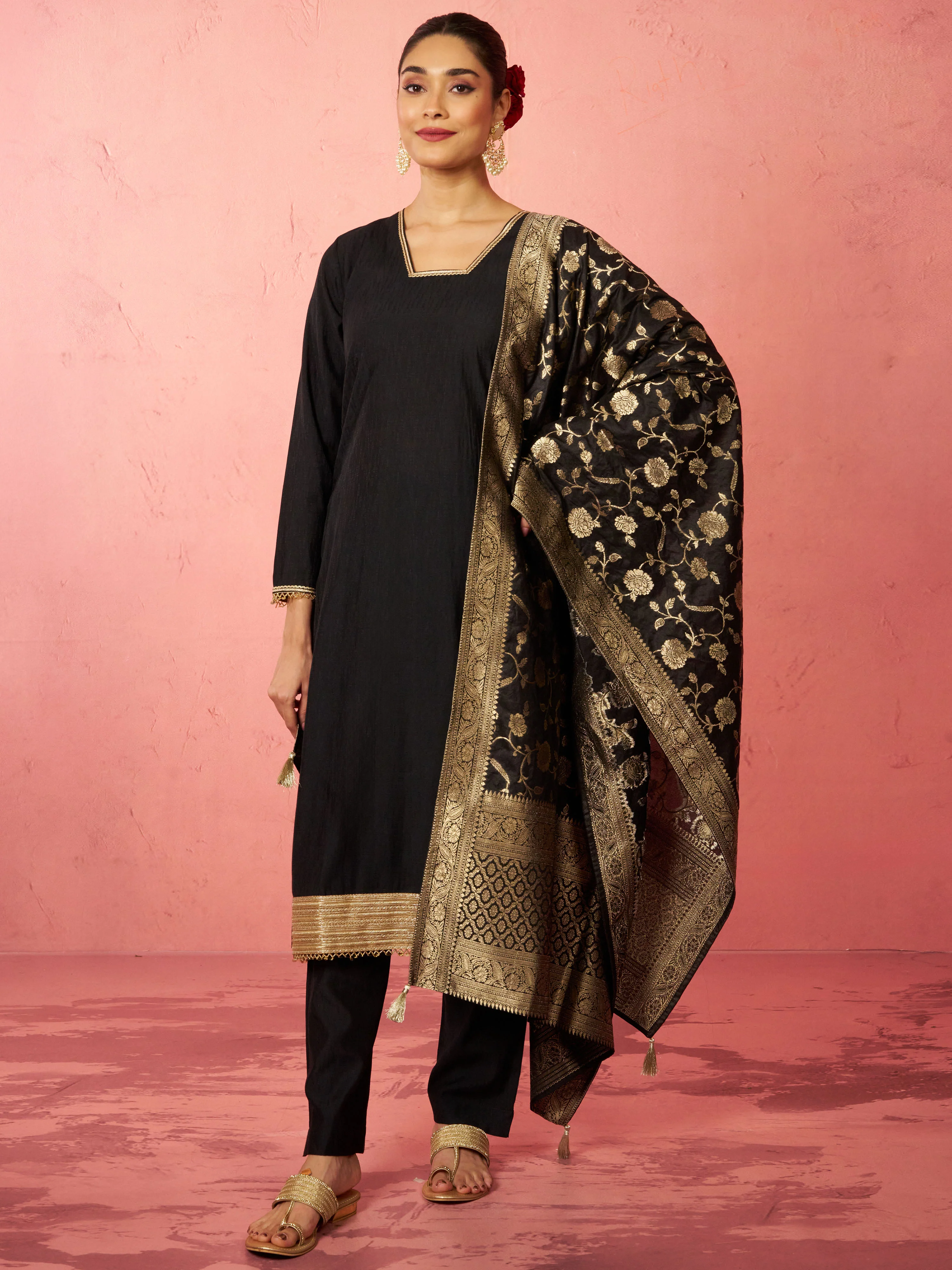 Women's Black Cotton Straight Kurta Set - Image 3